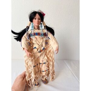 Native American Inspired Doll Beaded Fringed buckskin Outfit Collectible Display